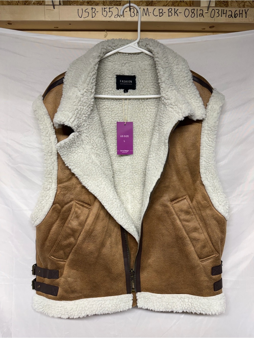 Women’s Faux Suede Sherpa Lined Moto Vest Brown Cream Size L NWT
